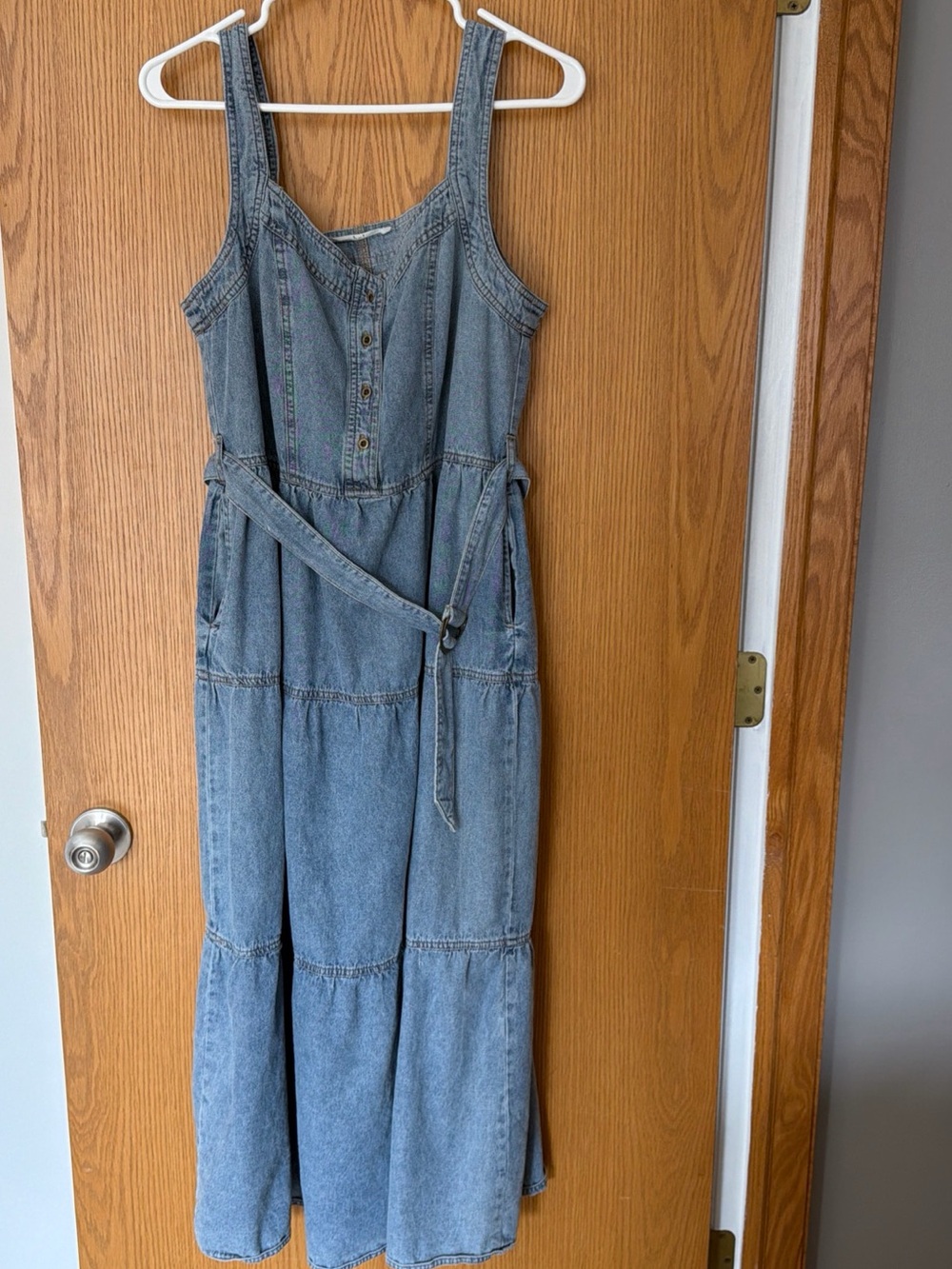 Given Kale Denim Dress Belted Maxi Tiered Sleeveless Western Boho Cowgirl Size M